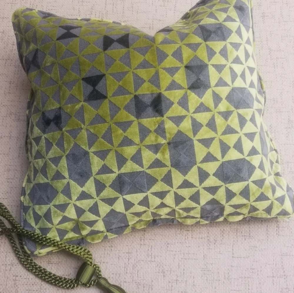 1 Custom cut velvet pillow cover Heavy fabrics Chartreuse green and gray